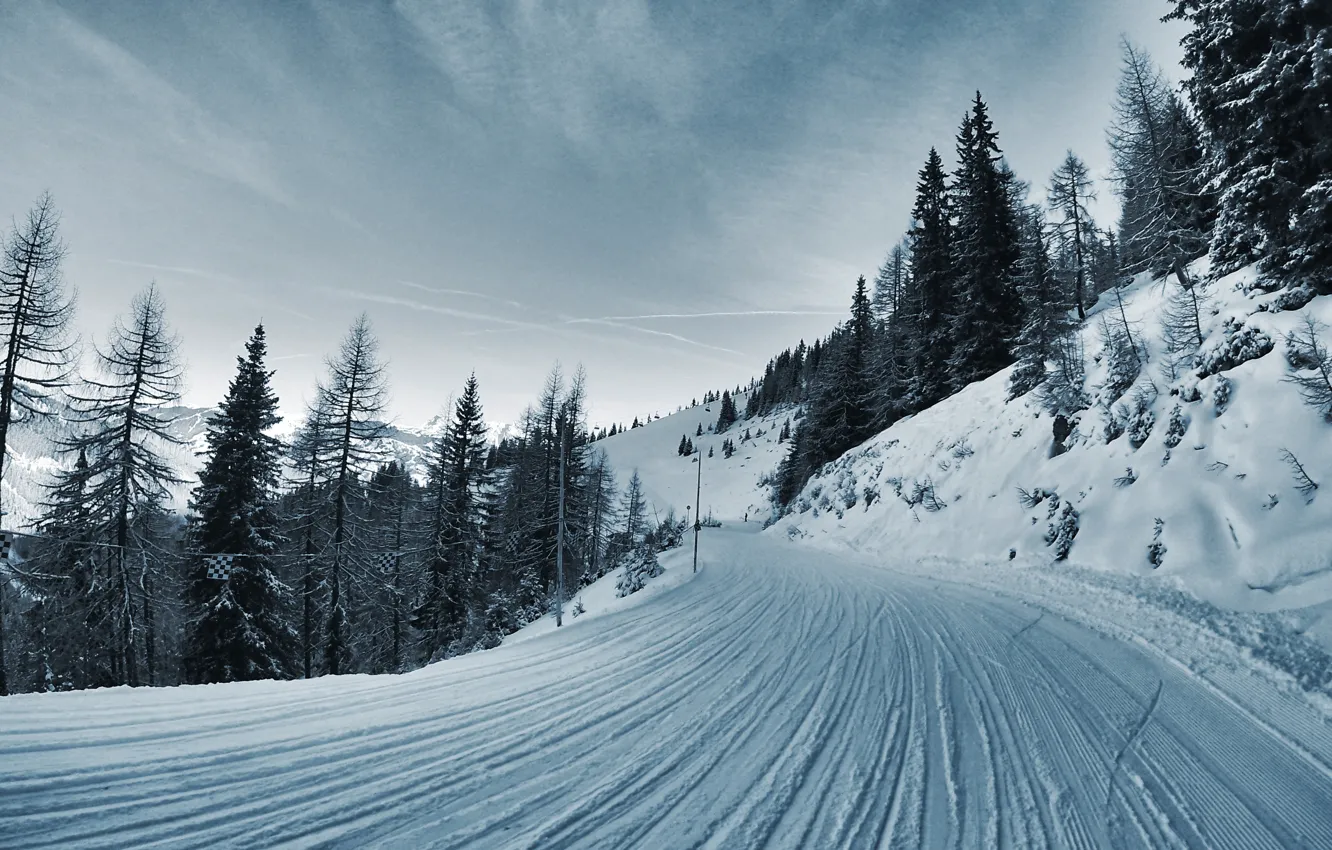 Фото обои зима, дорога, снег, ёлки, сопки