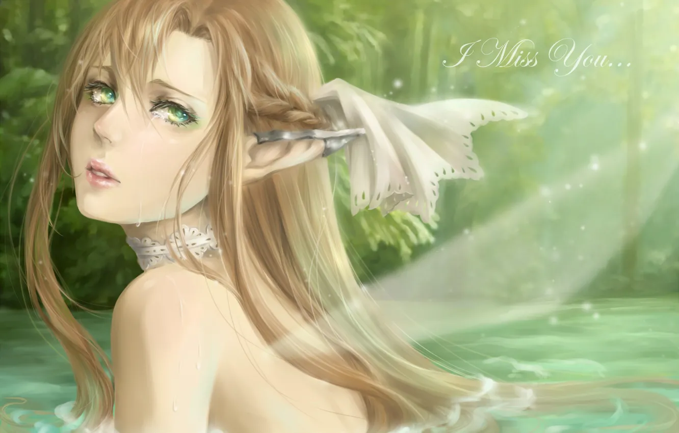 Фото обои лес, вода, девушка, арт, уши, sword art online, yuuki asuna