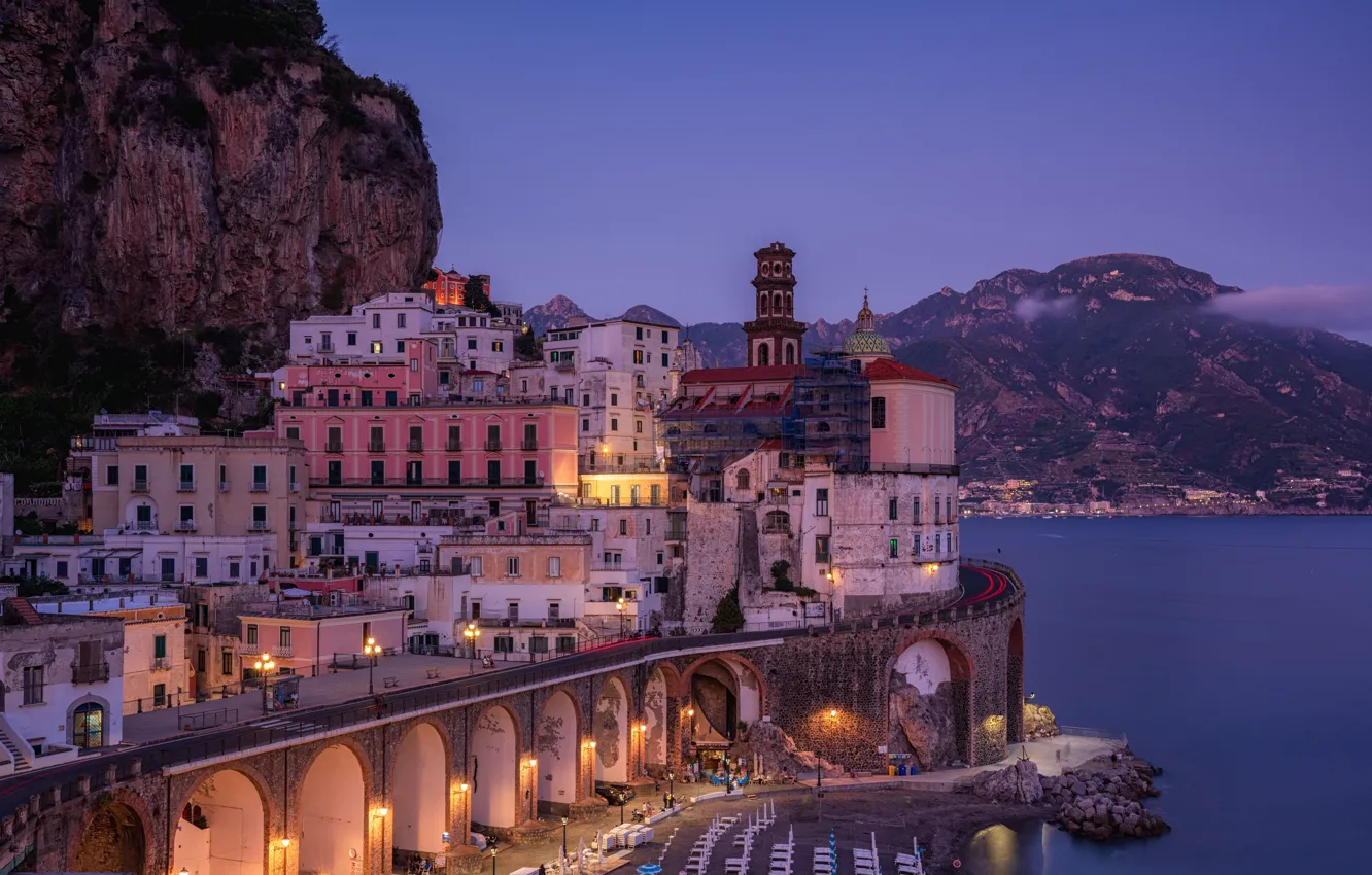 Фото обои море, горы, побережье, здания, дома, Италия, Italy, Campania