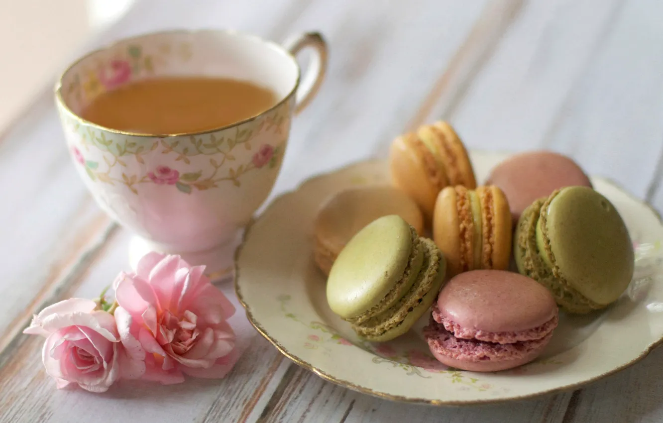 Фото обои цветы, чай, розы, печенье, тарелка, чашка, розовые, macaron