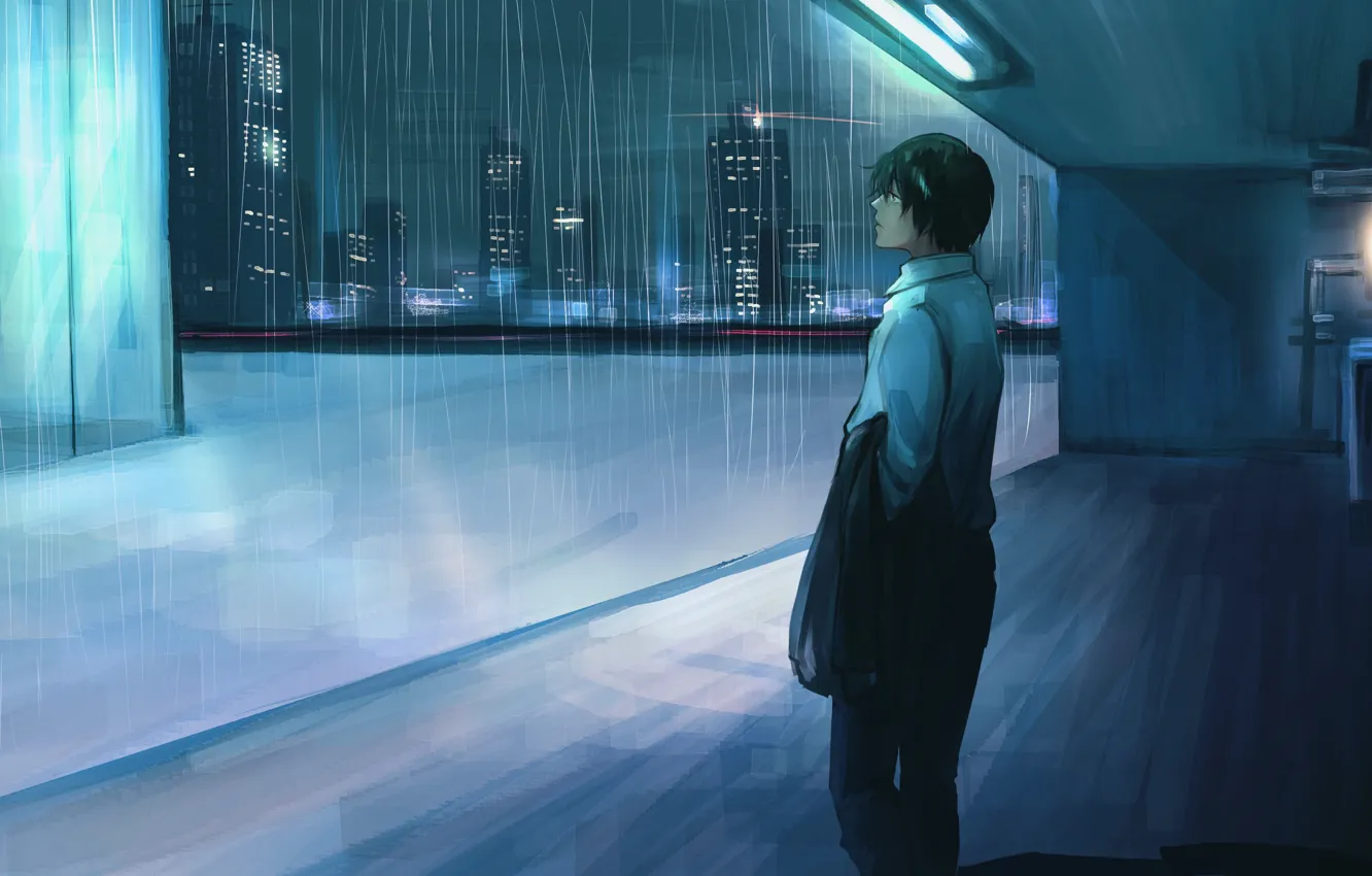 Фото обои дождь, аниме, парень