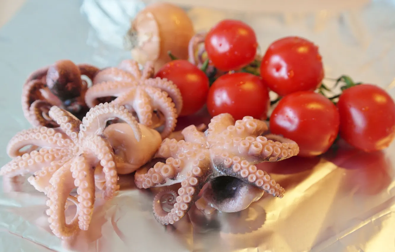 Фото обои еда, овощи, помидоры, осьминоги, морепродукты, черри, моллюски