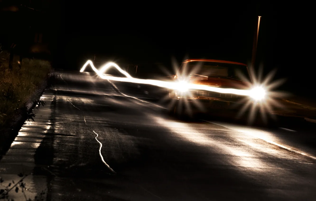 Фото обои дорога, машина, ночь, lights, фары, cars, разное, night