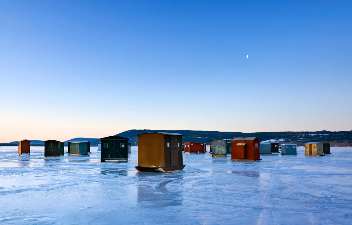 Фото обои лед, озеро, домик, США, штат Нью-Йорк