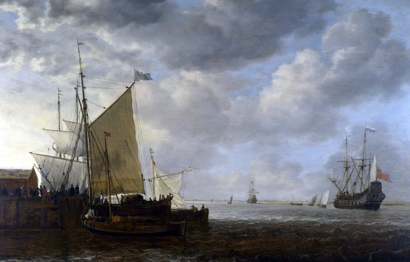 Фото обои корабль, картина, парус, морской пейзаж, Simon de Vlieger, Вид на Эстуарий, Симон де Флигер