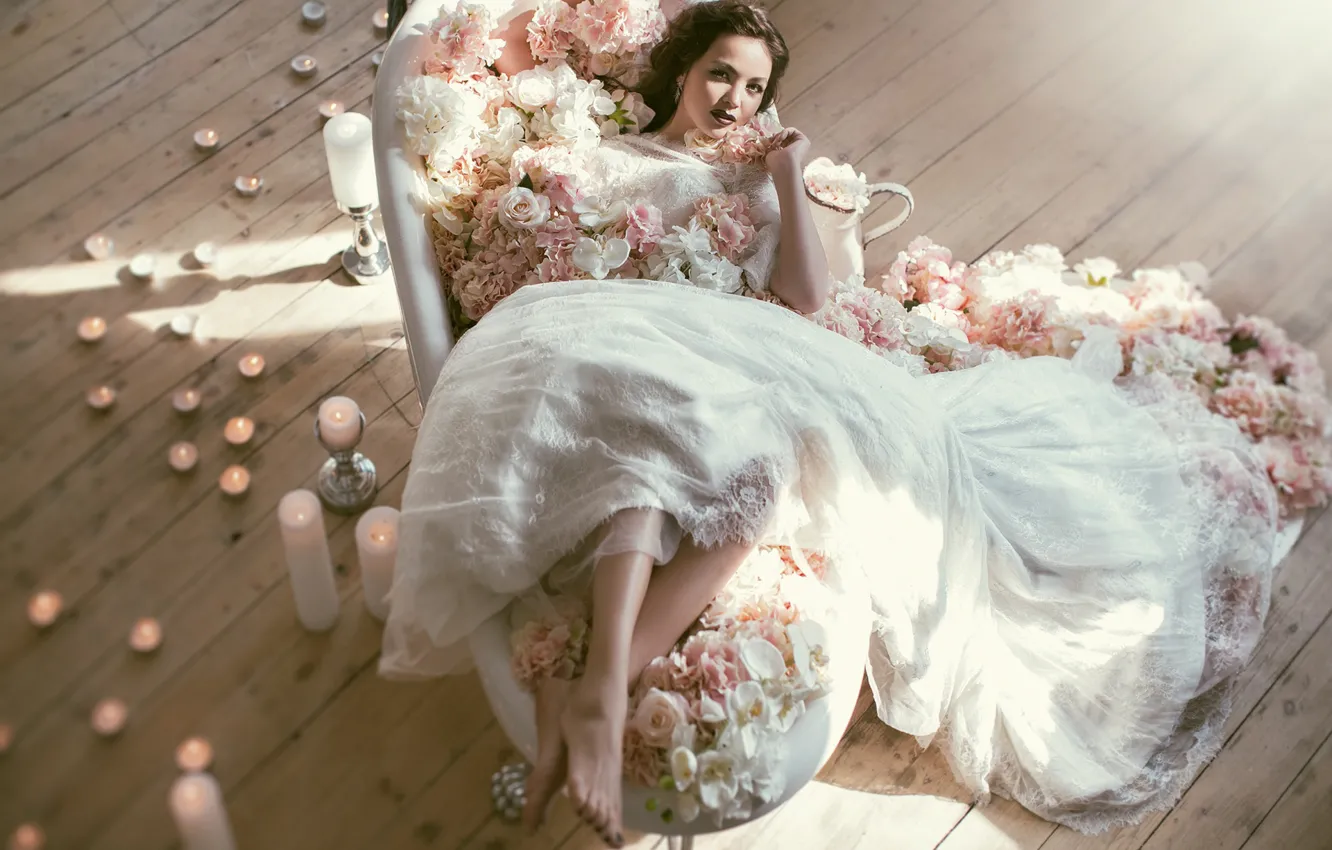 Фото обои цветы, стиль, свечи, невеста, свадебное платье, Валерия Мытник, Асель