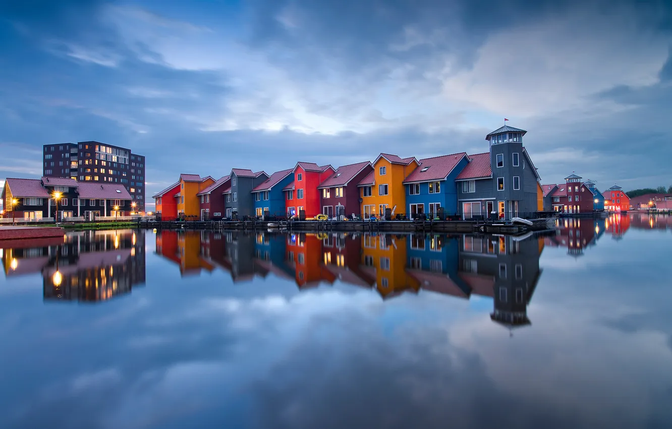 Фото обои вода, огни, отражение, дома, вечер, Нидерланды, Гронинген