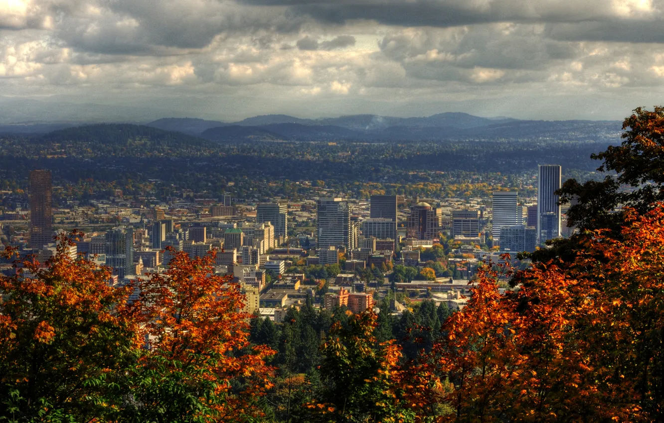 Фото обои облака, деревья, пейзаж, горы, дома, США, вид сверху, Portland