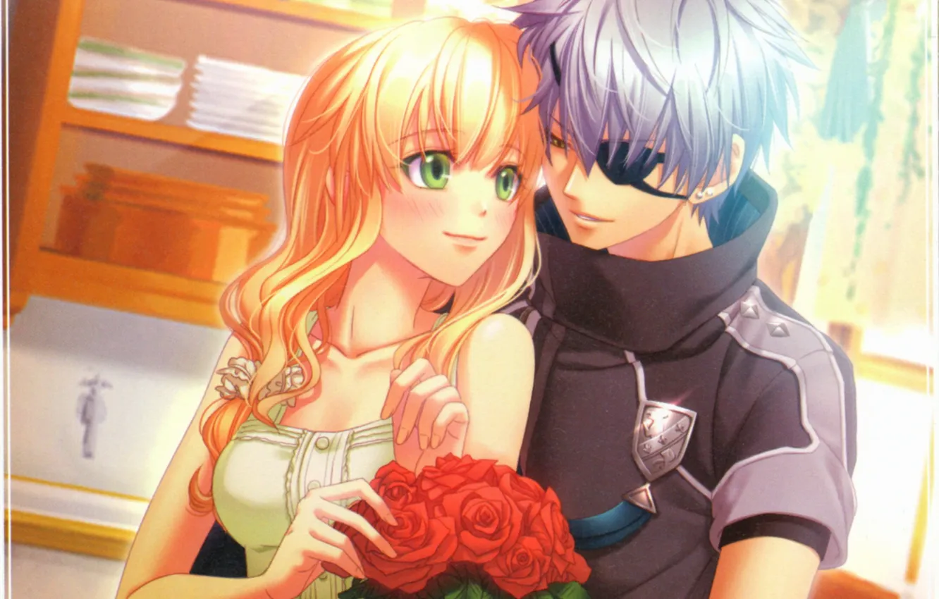 Фото обои эмблема, на кухне, зеленые глаза, повязка на глаз, Tiana, Alfred, visual novel, букет роз