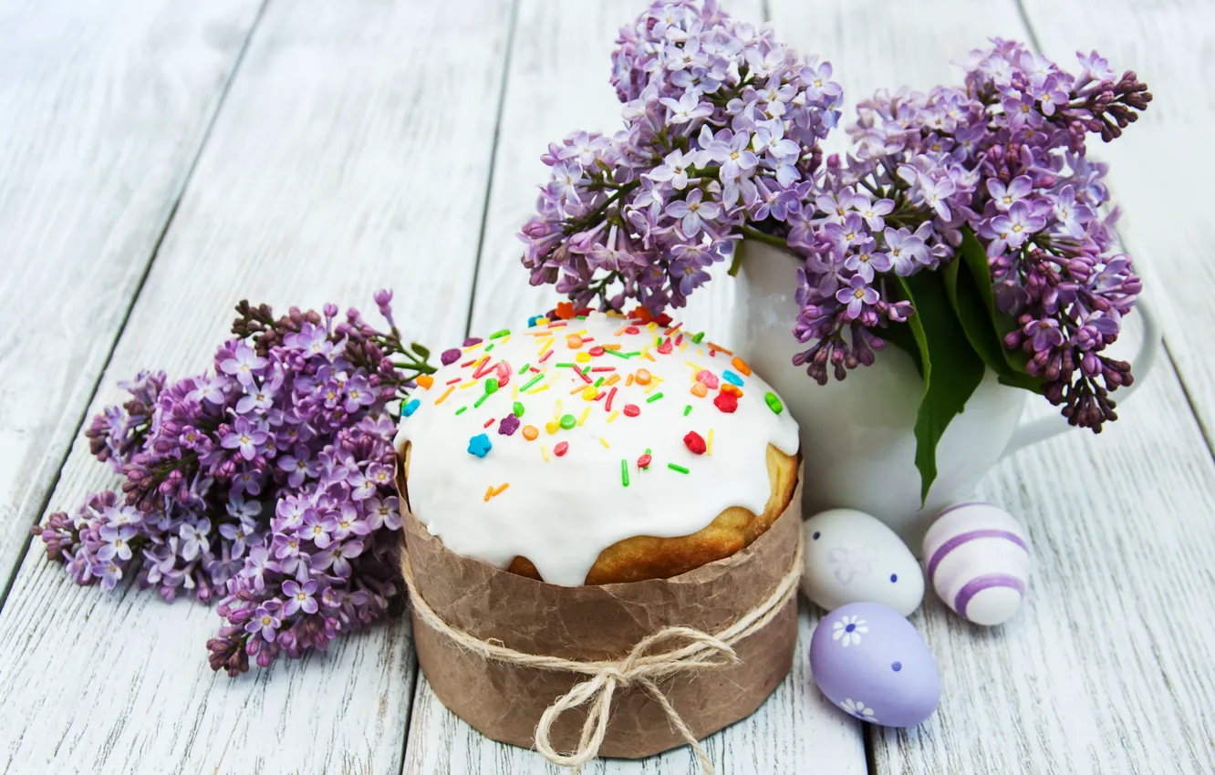 Фото обои цветы, Пасха, cake, кулич, flowers, выпечка, сирень, глазурь