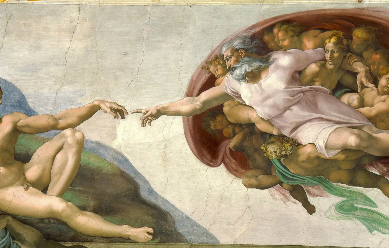 Фото обои Michelangelo, Creation of Adam, Vatican, Religion, Sistine Chapel