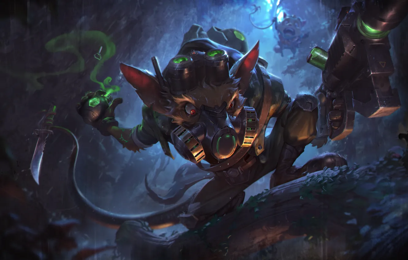 Фото обои нож, пещера, крыса, респиратор, League of Legends, Riot Games, Teemo, Rudy Siswanto