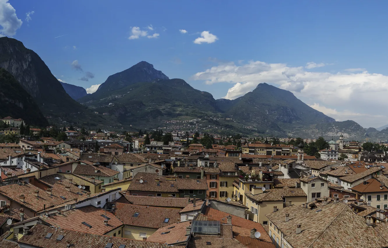 Фото обои Дома, Горы, Город, Панорама, Крыши, Италия, Italy, Mountains