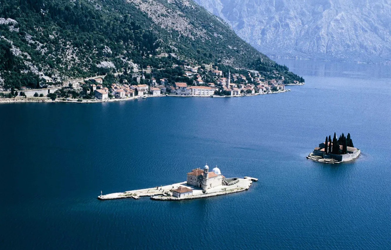 Фото обои море, острова, церковь, залив, монастырь, Адриатика, Черногория, Бока-Которска