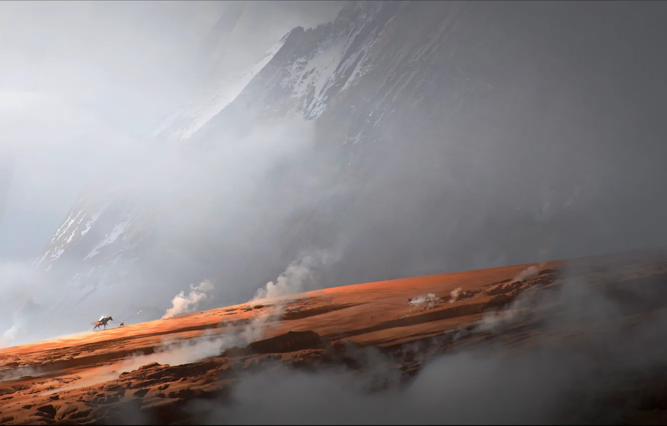 Фото обои горы, скала, конь, дым, арт, всадник, путники