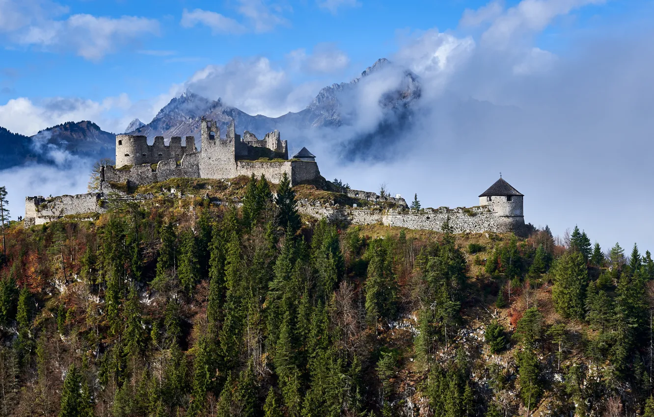 Фото обои облака, пейзаж, горы, природа, замок, Австрия, леса, Тироль