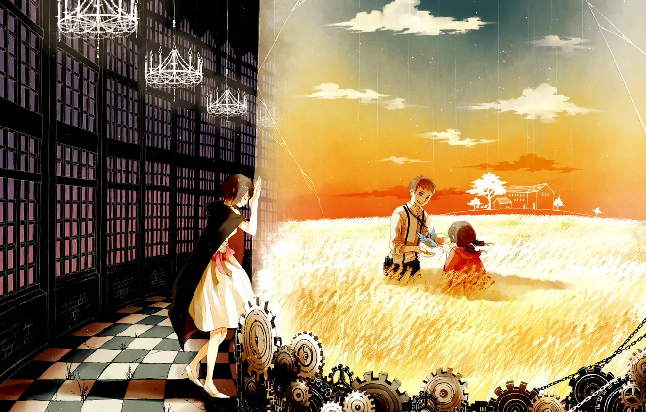 Фото обои стекло, девушка, радость, птица, механизм, аниме, мальчик, арт