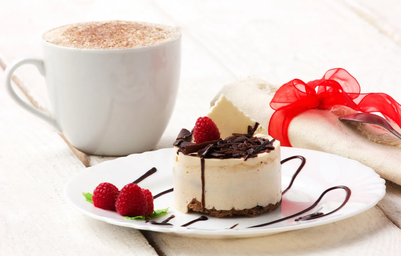 Фото обои кофе, шоколад, пирожное, мята, десерт, пенка, салфетка, малинка