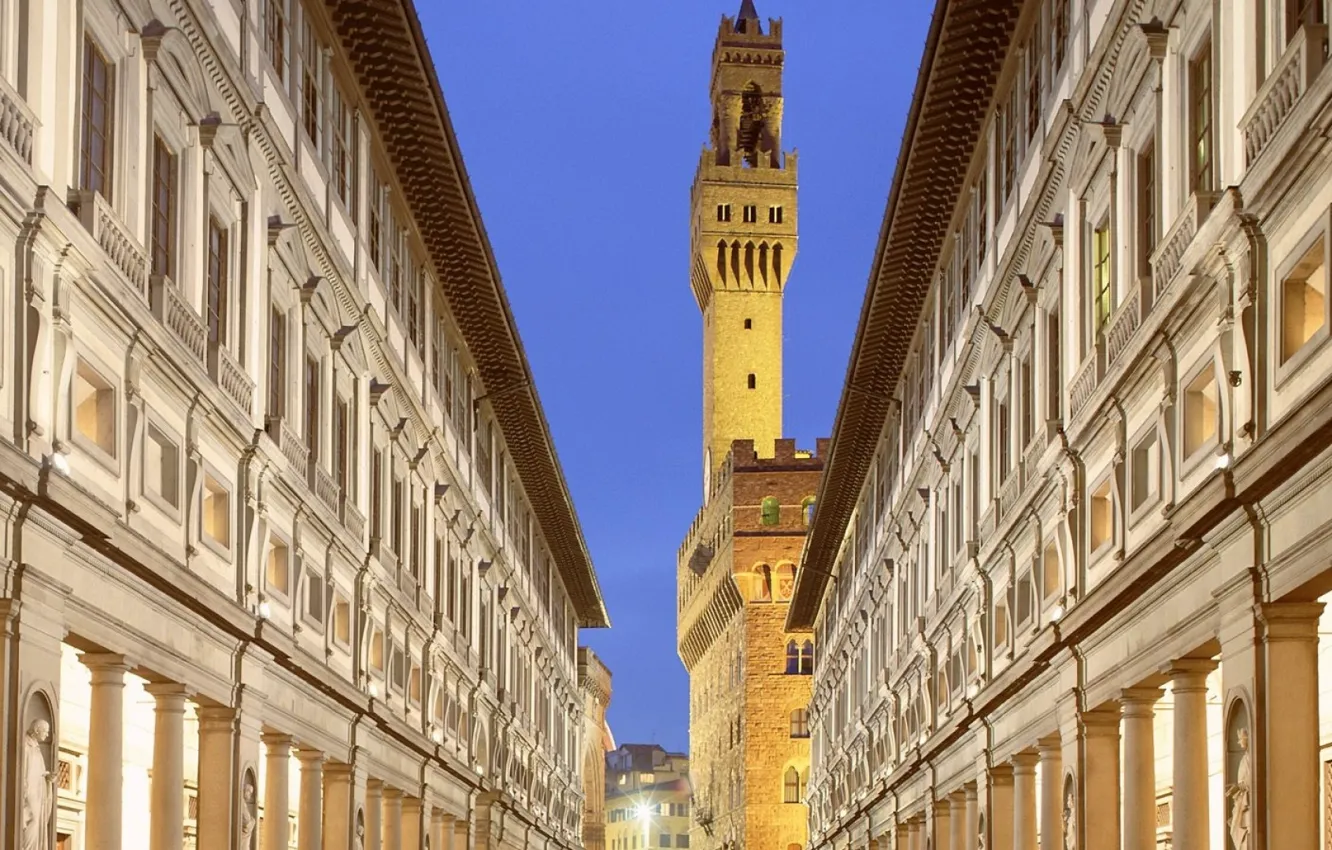 Фото обои lights, tower, Italy, evening, Florence, buildings, Tuscany, Palazzo Vecchio