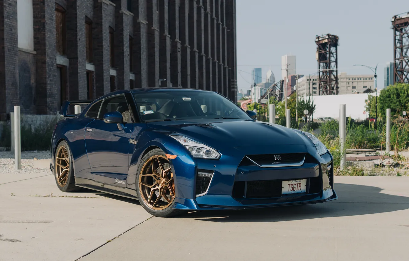 Фото обои GTR, Nissan, Blue, Front, Building, Sportcar, Nissan GTR