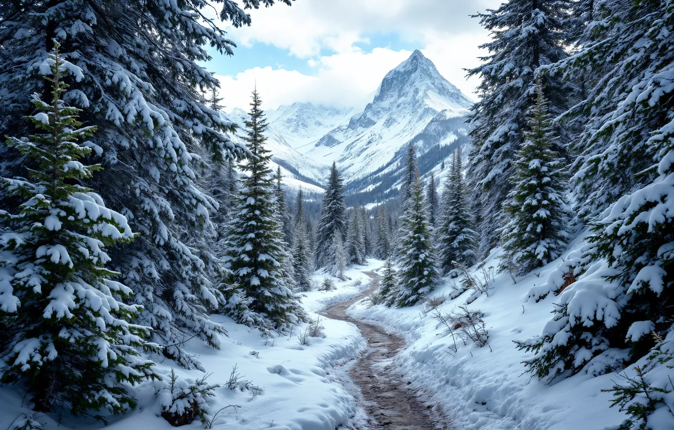 Фото обои зима, дорога, лес, снег, горы, елки, forest, nature