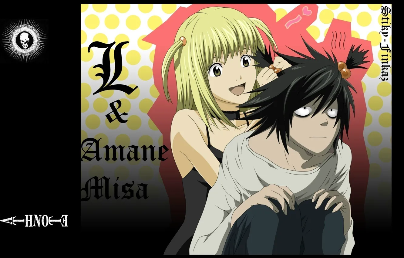 Фото обои улыбка, прическа, двое, death note, art, takeshi obata, misa amane
