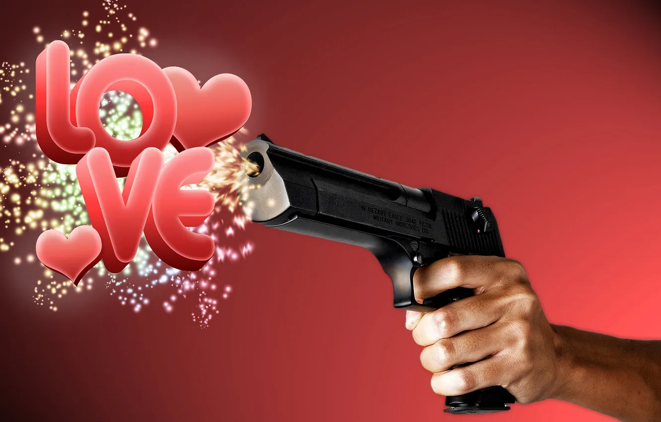 Фото обои любовь, пистолет, рука, красный фон, i love you