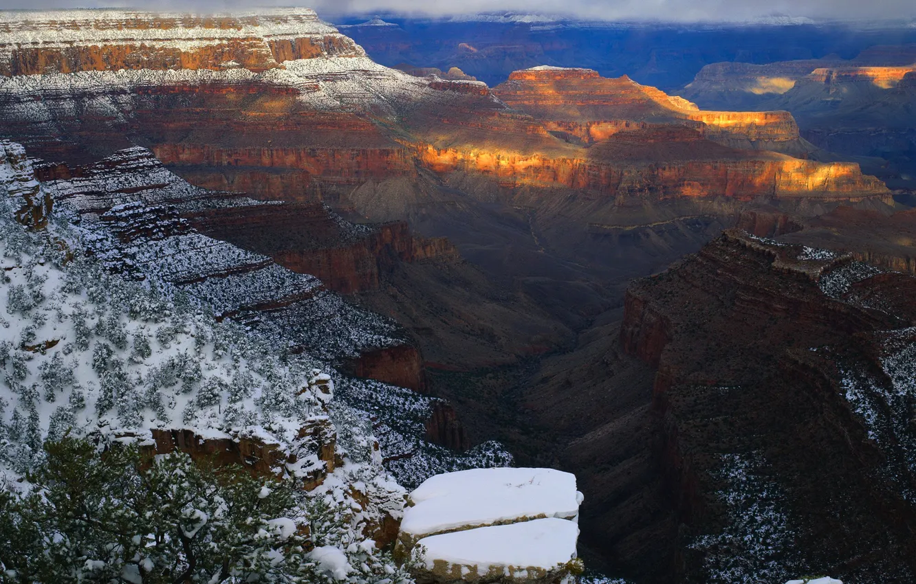 Фото обои зима, снег, закат, природа, каньон, плато