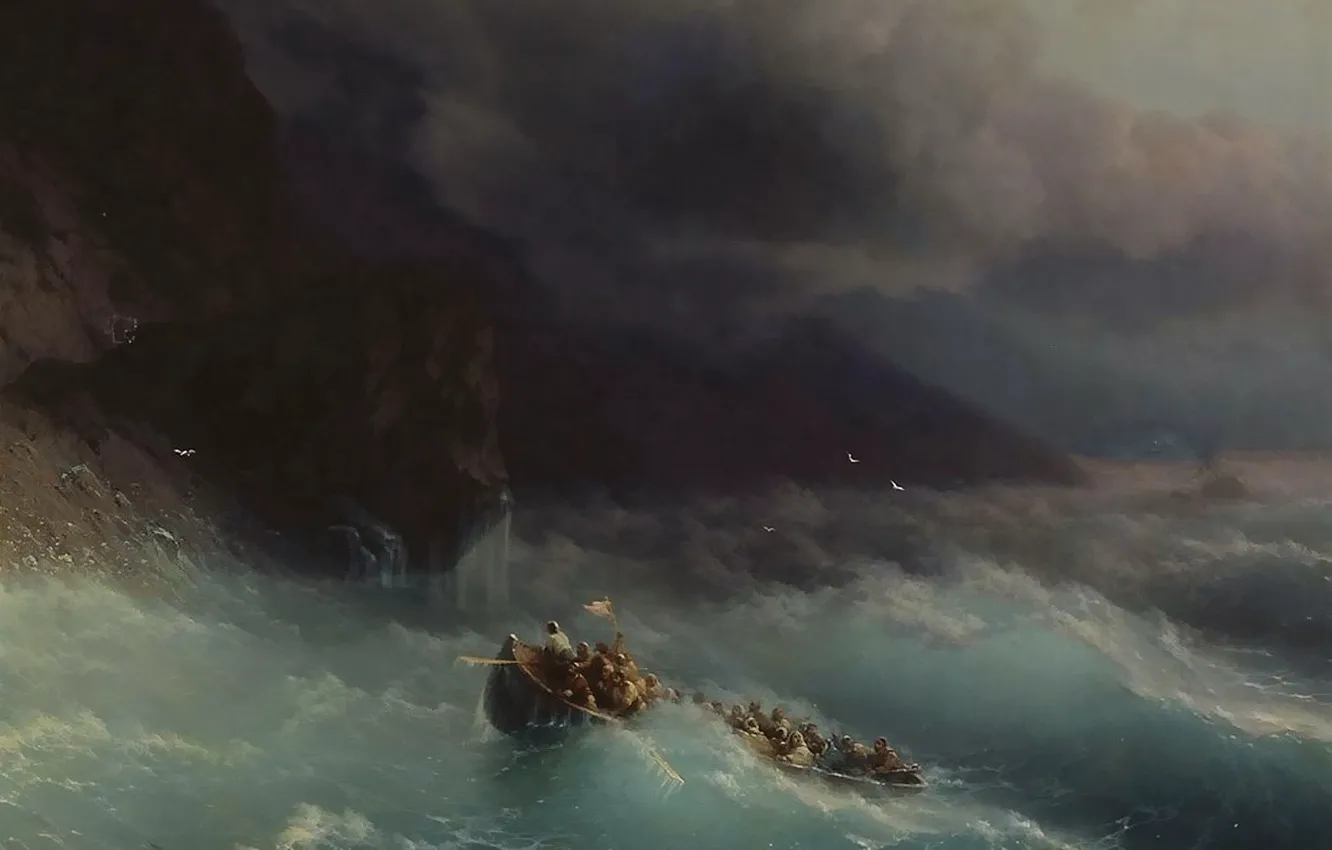 Фото обои шторм, лодка, картина, морской пейзаж, Иван Айвазовский, 1873, Буря на Чёрном Море