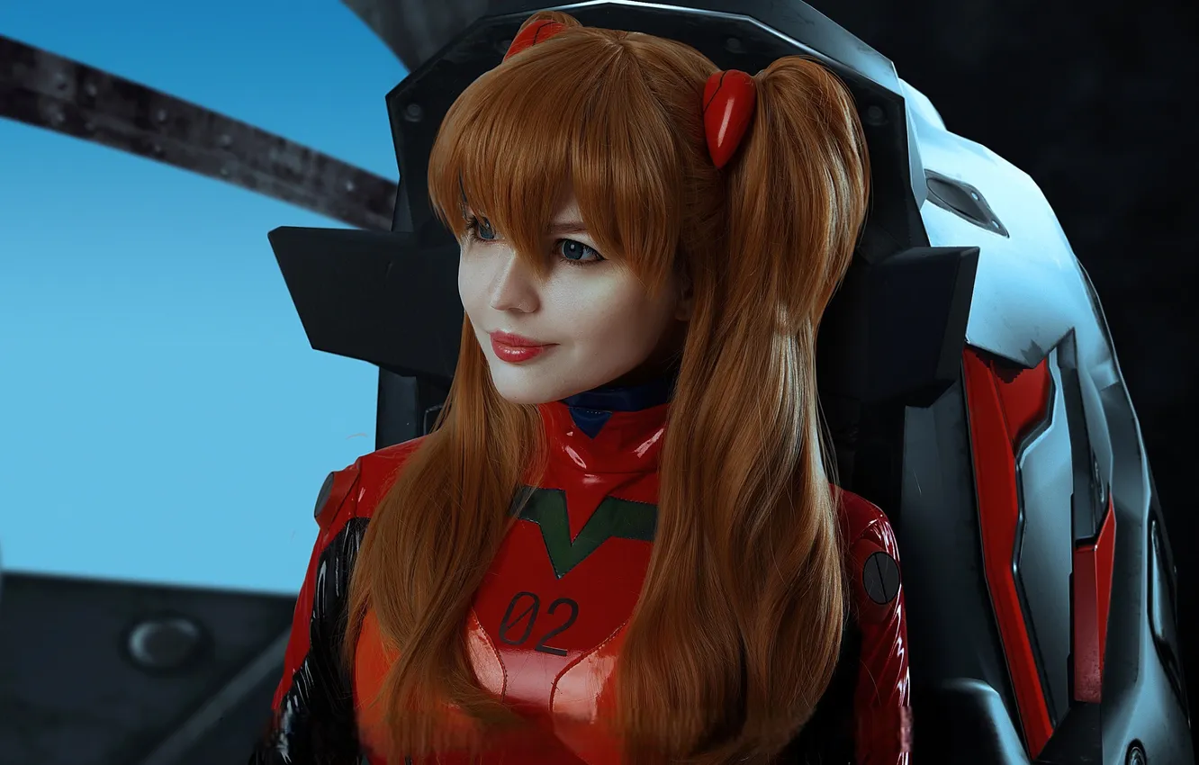 Фото обои улыбка, кресло, костюм, наряд, образ, рыжая, косплей, Evangelion