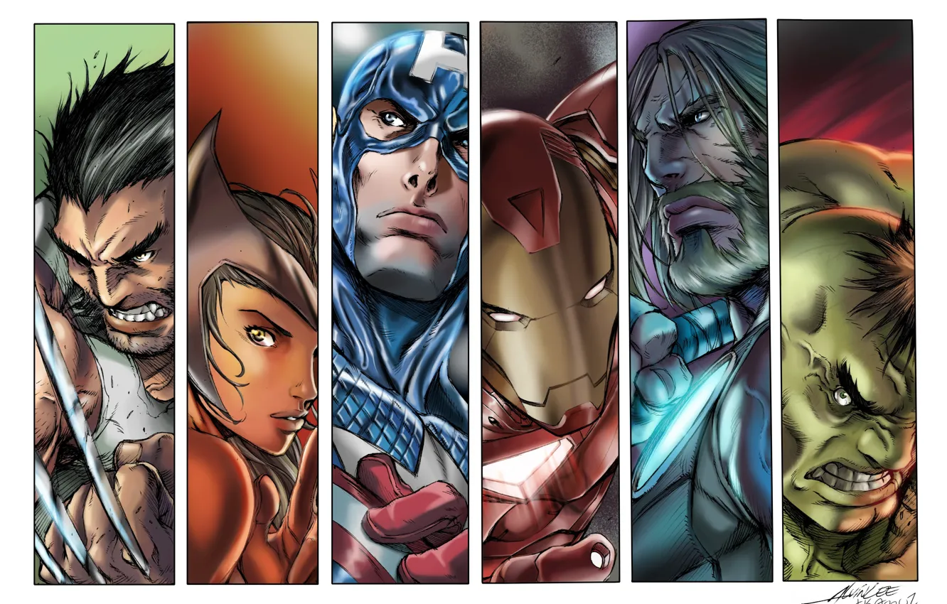 Фото обои Hulk, Wolverine, Iron Man, Marvel, Captain America, Thor, Scarlet Witch