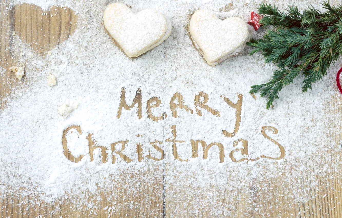 Фото обои снег, праздник, елка, печенье, Рождество, сердечки, сладости, Christmas