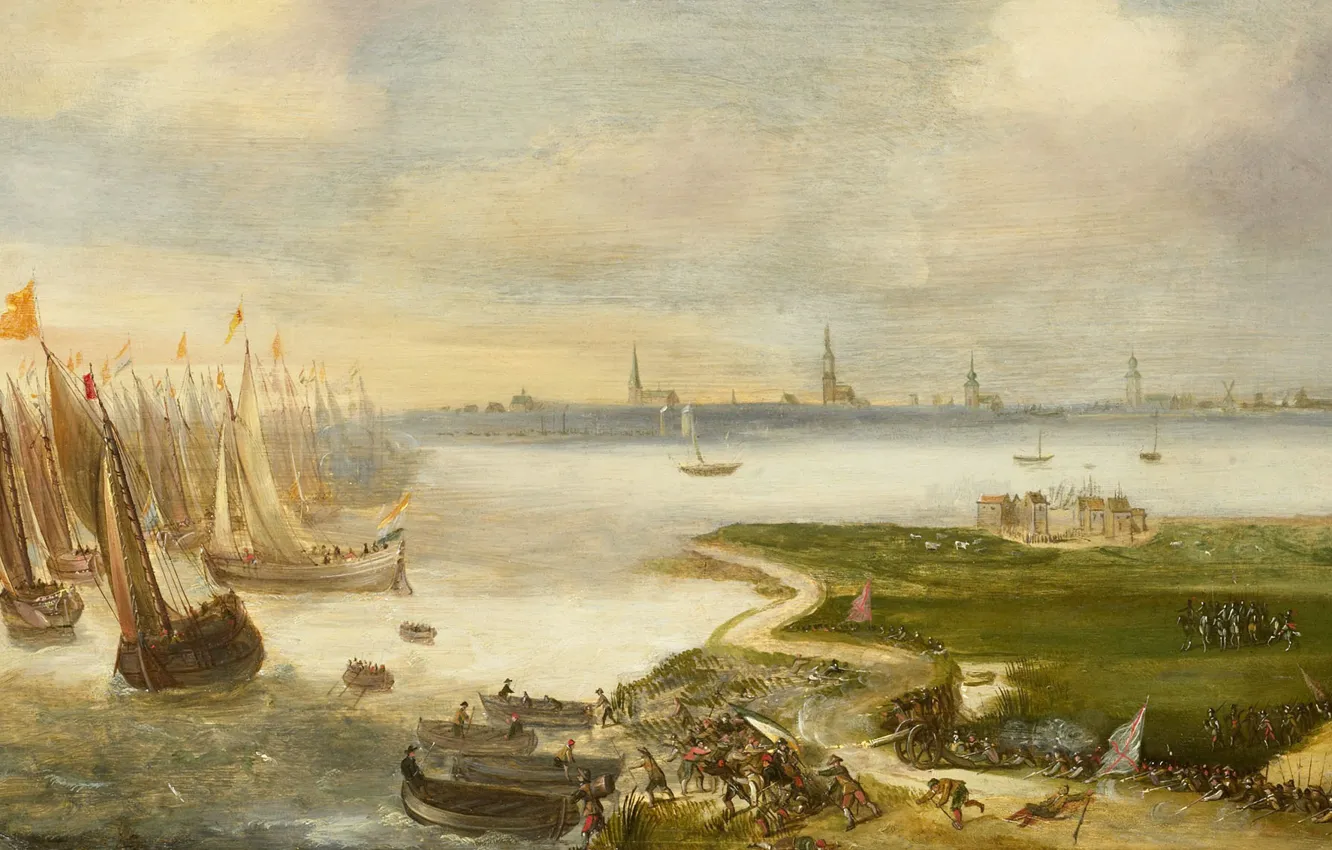 Фото обои дерево, корабль, масло, картина, парус, Неудавшаяся Атака на Антверпен