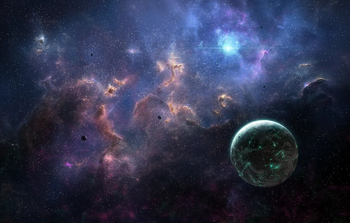 Фото обои Stars, Space, Art, Planet, Nebula, cosmicspark, Tim Barton, by Tim Barton