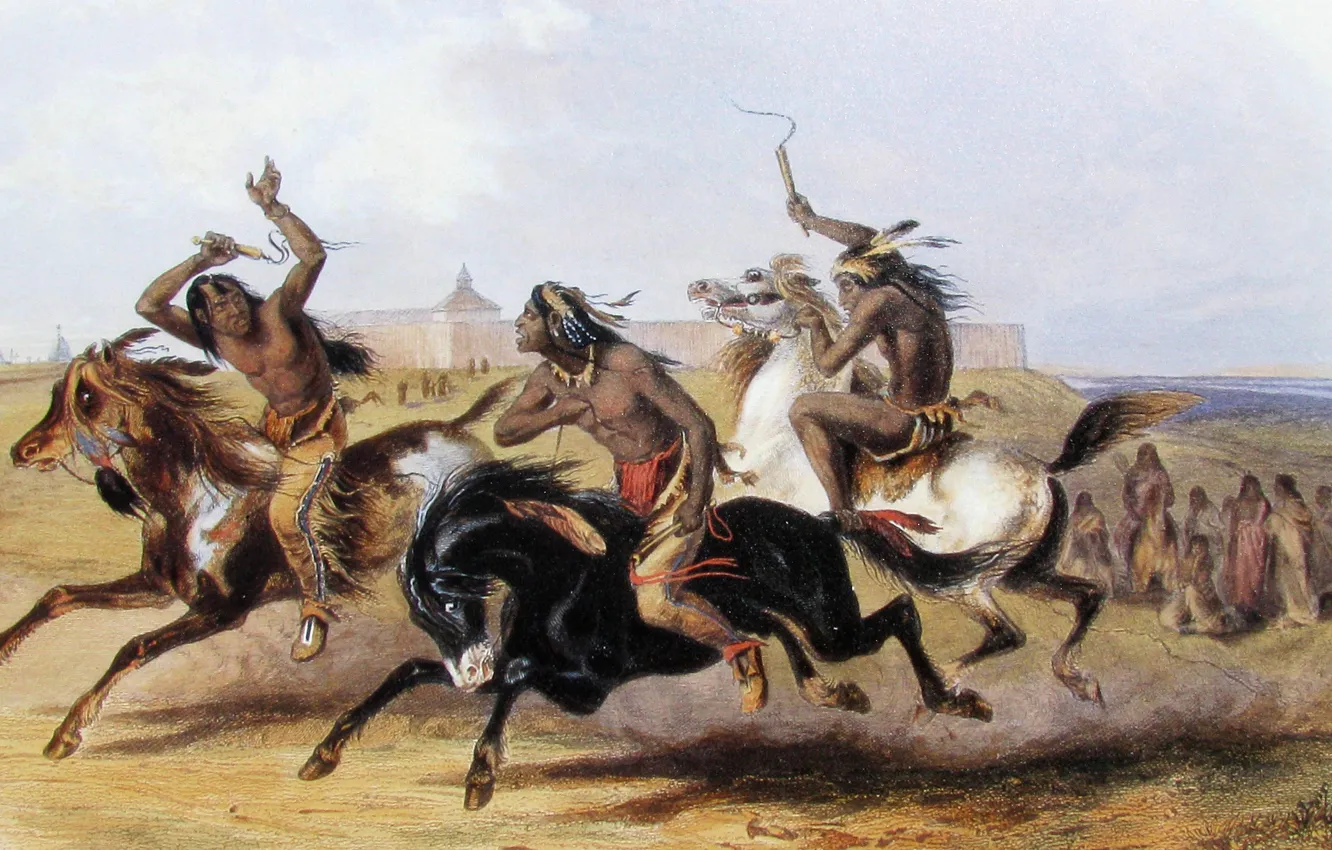 Фото обои картина, живопись, painting, Karl Bodmer, Бодмер, Horse Racing of the Sioux (Source), 1839