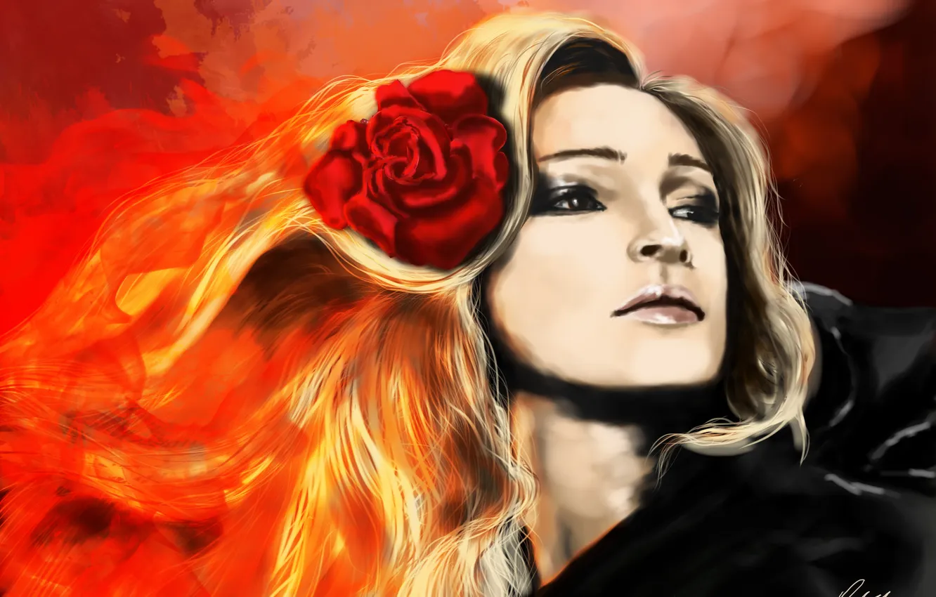 Фото обои цветок, девушка, лицо, огонь, роза, арт, блондинка