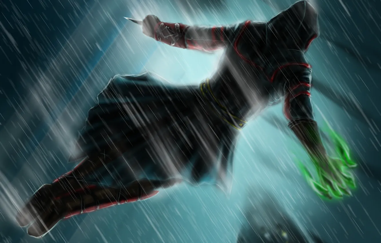 Фото обои оружие, дождь, игра, арт, капюшон, Assassins Creed
