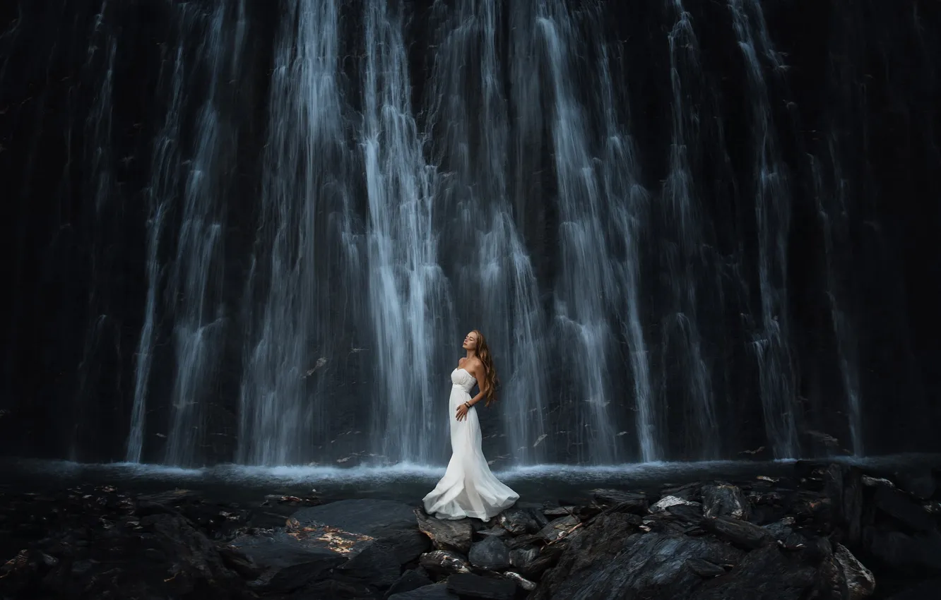 Фото обои девушка, природа, водопад