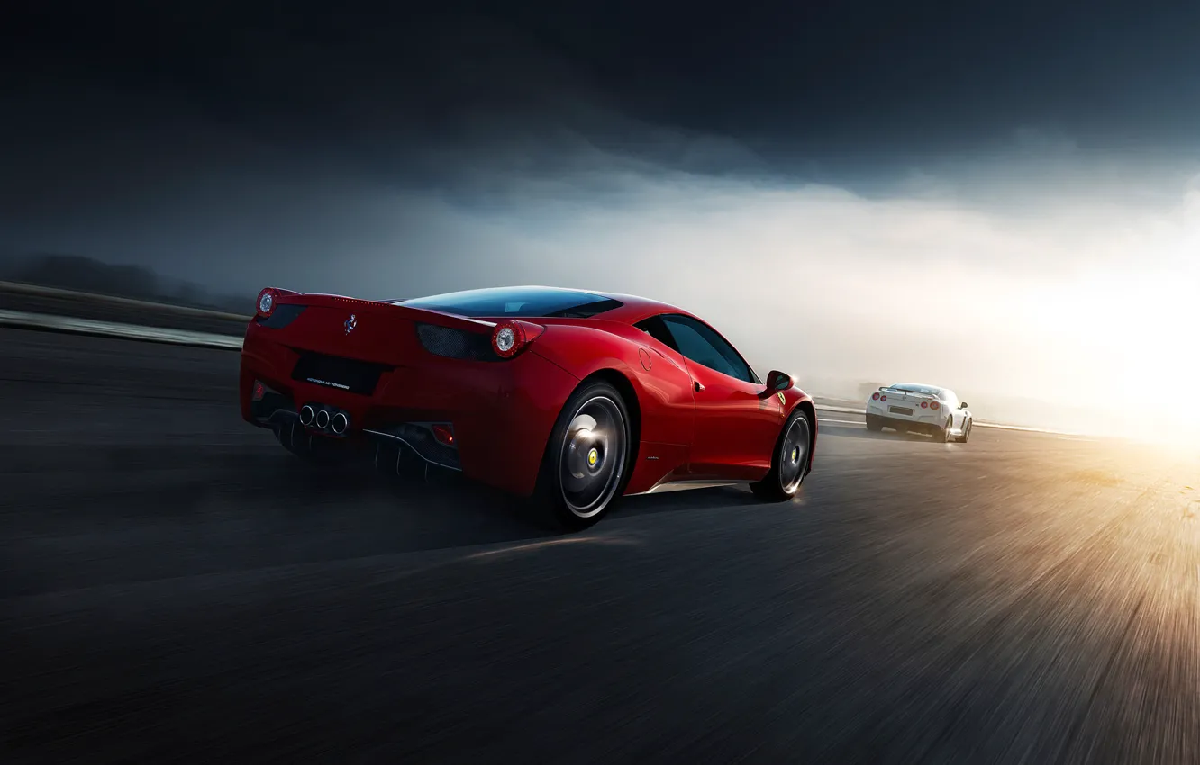 Фото обои Ferrari, Nissan, Red, GT-R, 458, White, Supercars, Norway