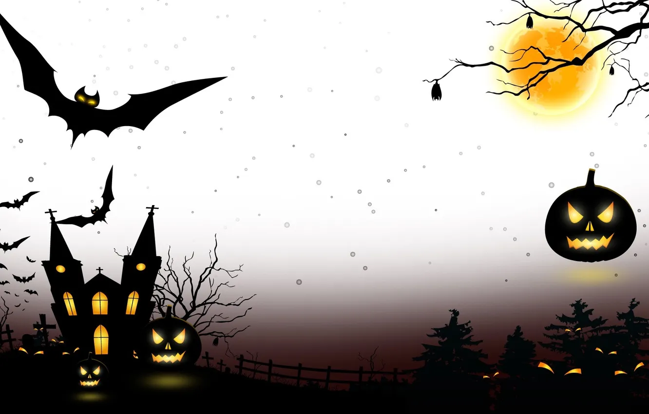 Фото обои дома, Halloween, тыква, Хеллоуин, деревья, глаза