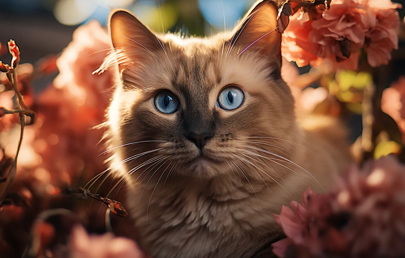 Фото обои кошка, лето, кот, взгляд, свет, цветы, ветки, природа