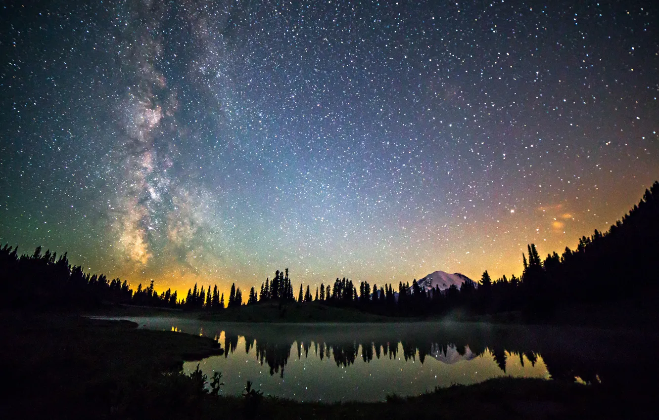 Фото обои лес, космос, звезды, горы, ночь, пространство, млечный путь