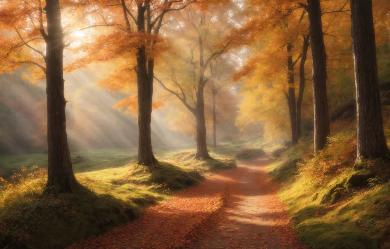Фото обои forest, road, trees, art, painting