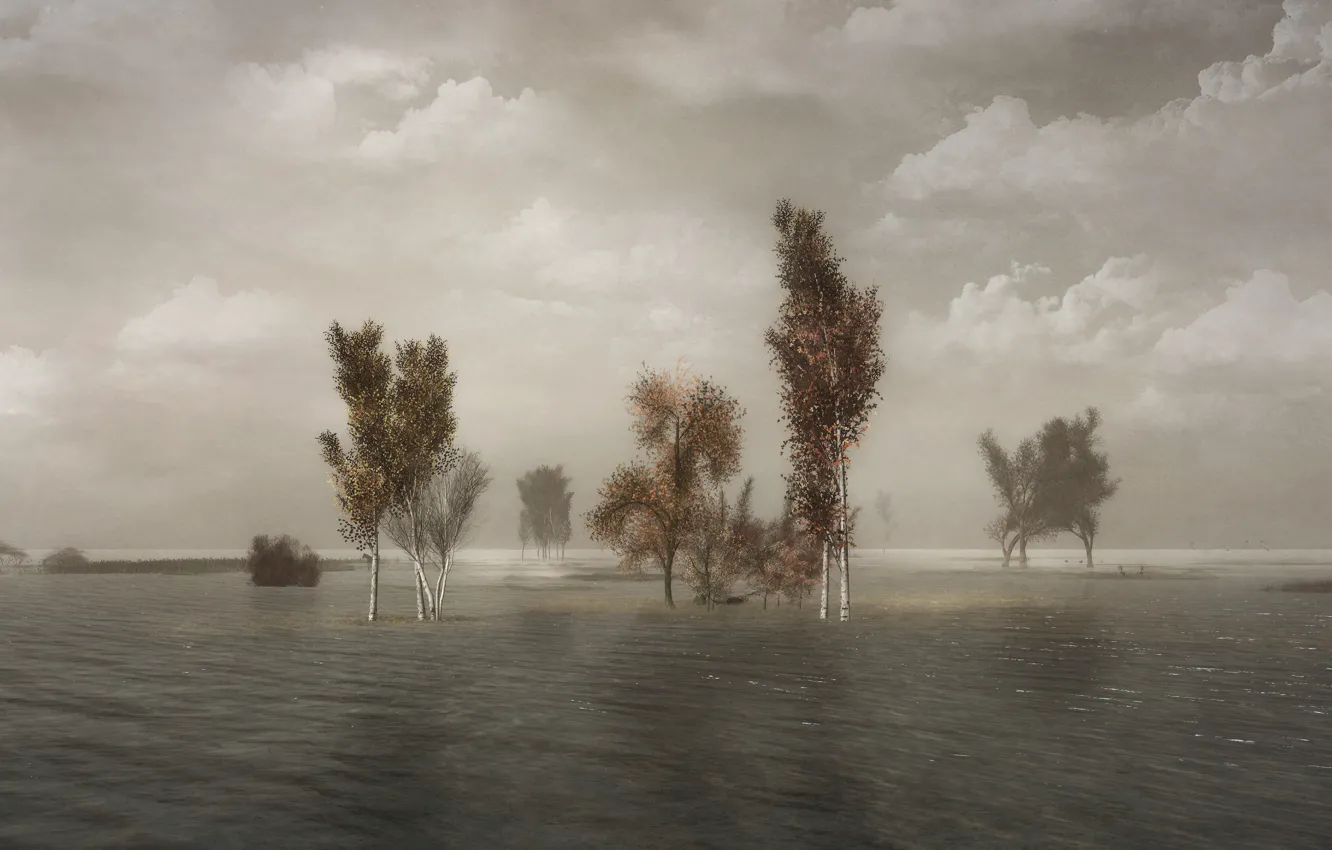 Фото обои облака, деревья, пейзаж, природа, туман, рендеринг, пасмурно, берег
