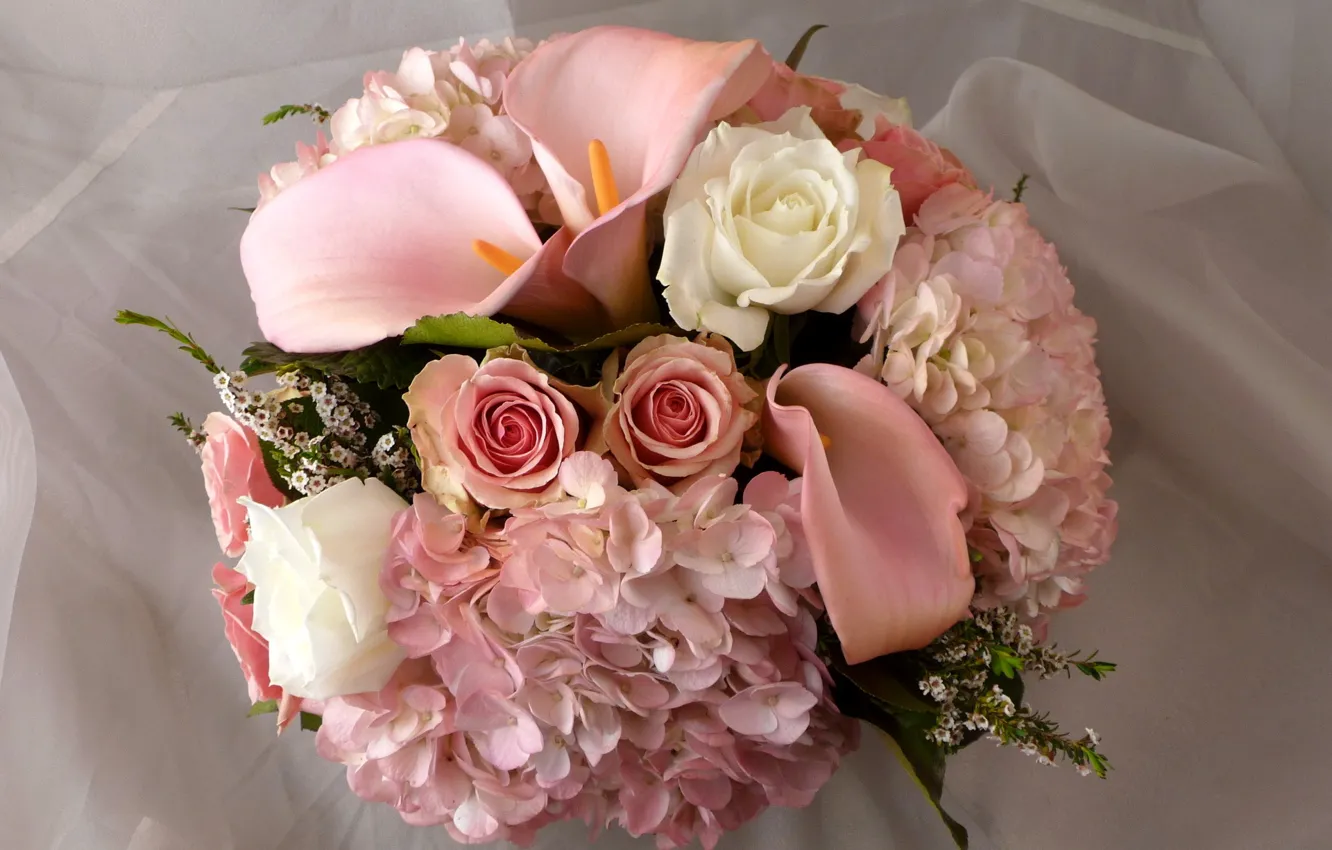 Фото обои цветок, цветы, розы, букет, розовые, белые, каллы