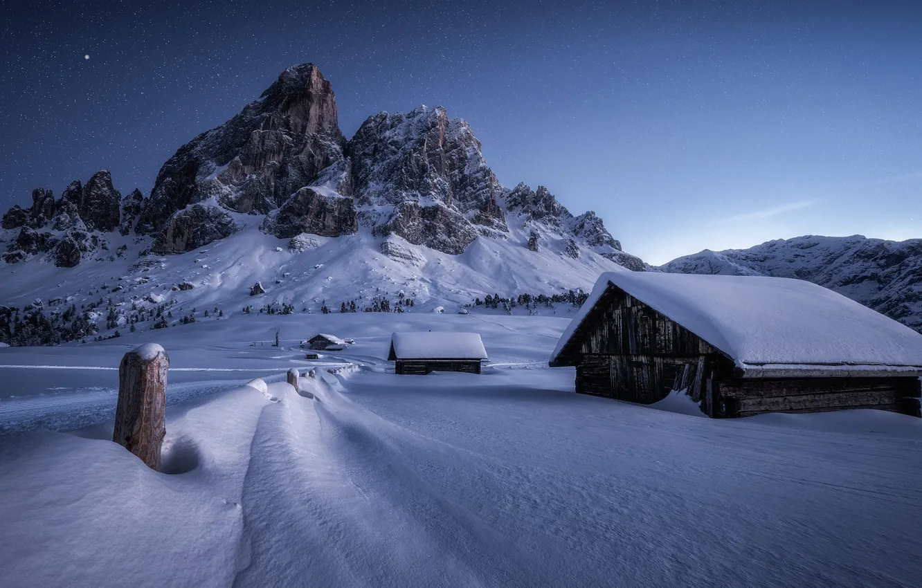 Фото обои зима, поле, лес, небо, звезды, снег, горы, ночь