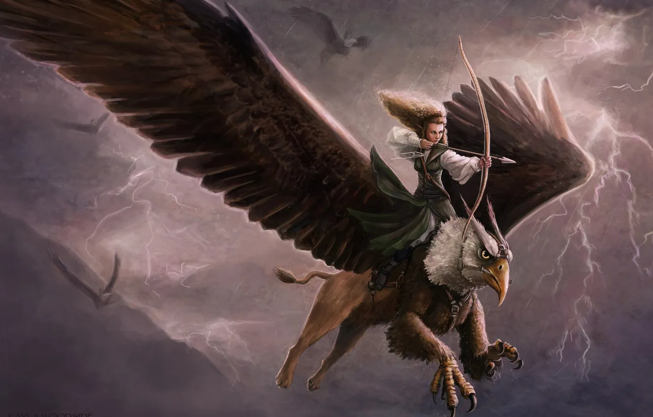 Фото обои небо, девушка, полет, молния, существо, лук, лучница, арт