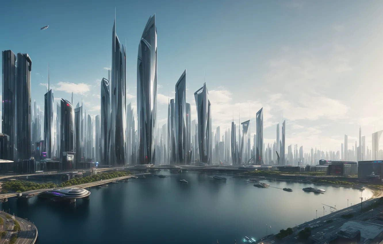 Фото обои city, future, landscape, art, fantastic, digital art, harbor, Futuristic