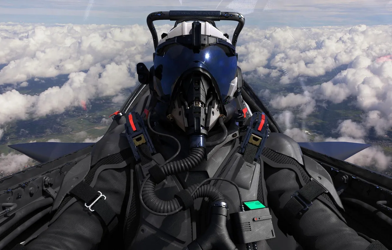 Фото обои clouds, digital art, helmet, CGI, fighter pilot outfit