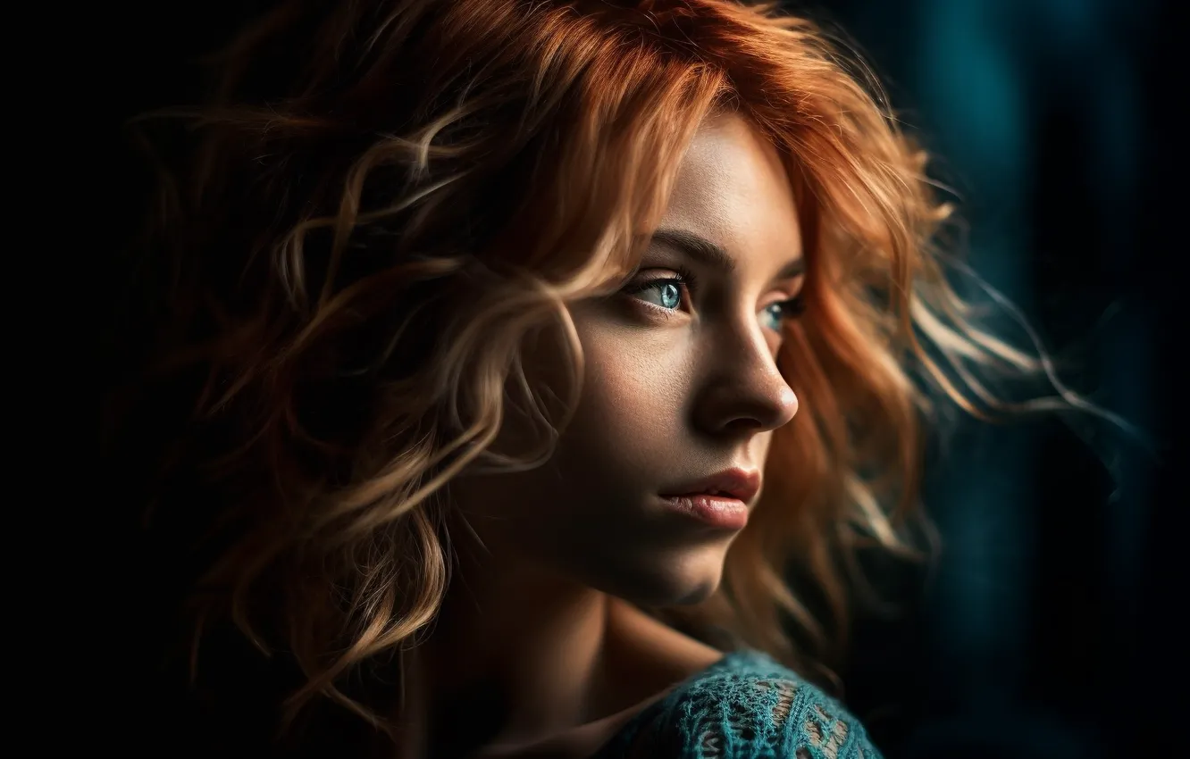 Фото обои взгляд, девушка, свет, лицо, темный фон, портрет, полумрак, голубые глаза